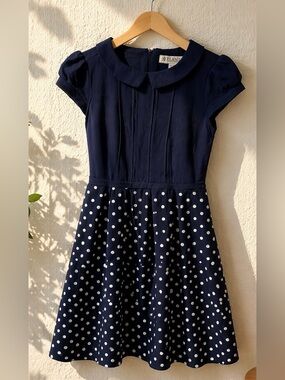 Navy Polka Dot Dress Peter Pan Collar Fit & Flare Vintage Style XS